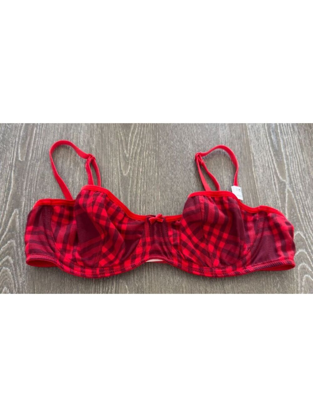 Victoria's Secret PINK Festive Red Plaid Flannel Unlined Balconette Bra 32C